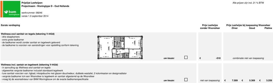 santair en tegelwerk (tekening V-442d) - in aanvulling op Wellness excl sanitair en tegels - afgewerkte vergrote badkamer inclusief standaard tegelwerk - luxe sanitair voorzien van: ligbad,