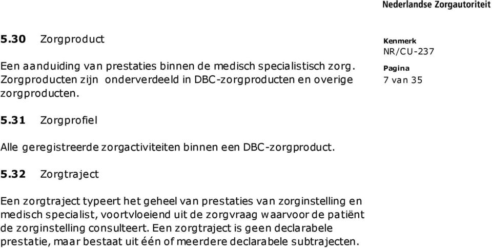 31 Zorgprofiel Alle geregistreerde zorgactiviteiten binnen een DBC-zorgproduct. 5.