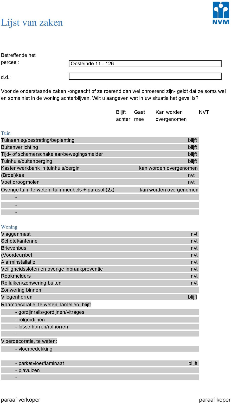 Blijft Gaat Kan worden NVT achter mee overgenomen Tuin Tuinaanleg/bestrating/beplanting Buitenverlichting Tijd of schemerschakelaar/bewegingsmelder Tuinhuis/buitenberging Kasten/werkbank in