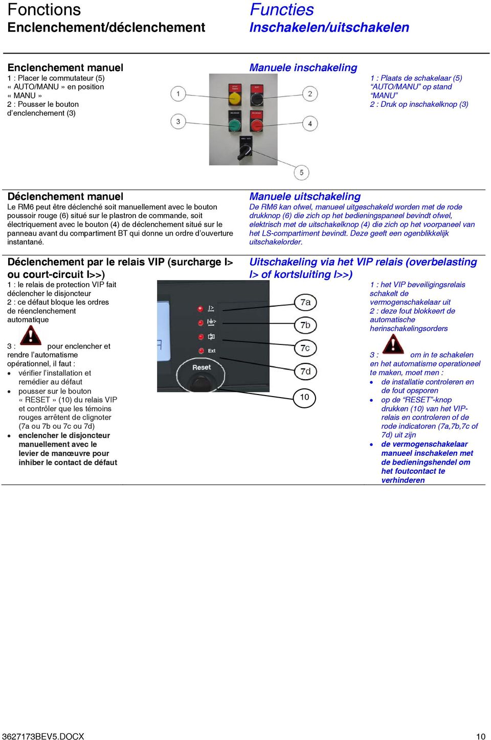 (6) situé sur le plastron de commande, soit électriquement avec le bouton (4) de déclenchement situé sur le panneau avant du compartiment BT qui donne un ordre d ouverture instantané.