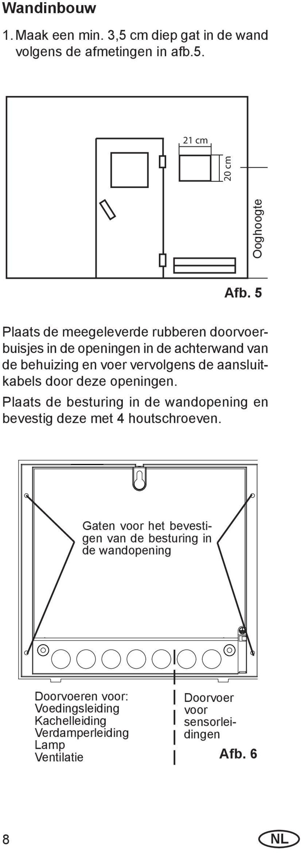 aansluitkabels door deze openingen. Plaats de besturing in de wandopening en bevestig deze met 4 houtschroeven.