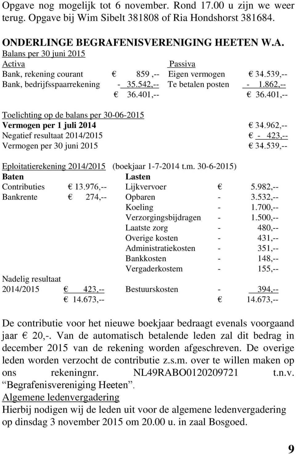 401,-- 36.401,-- Toelichting op de balans per 30-06-2015 Vermogen per 1 juli 2014 34.962,-- Negatief resultaat 2014/2015-423,-- Vermogen per 30 juni 2015 34.