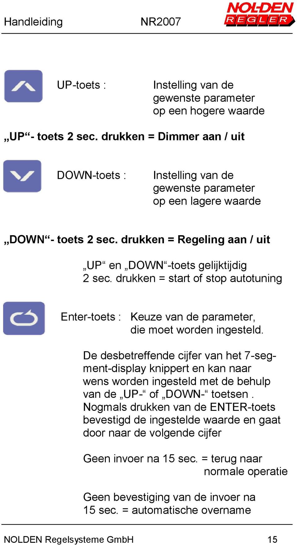 drukken = start of stop autotuning Enter-toets : Keuze van de parameter, die moet worden ingesteld.