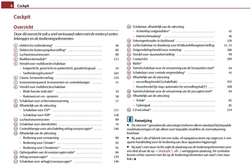 ...................................... 112 A5 Hendel voor multifunctieschakelaar: A6 knipperlicht, groot licht en parkeerlicht, grootlichtsignaal.... Snelheidsregelsysteem*.................................. Claxon, bestuurdersairbag.