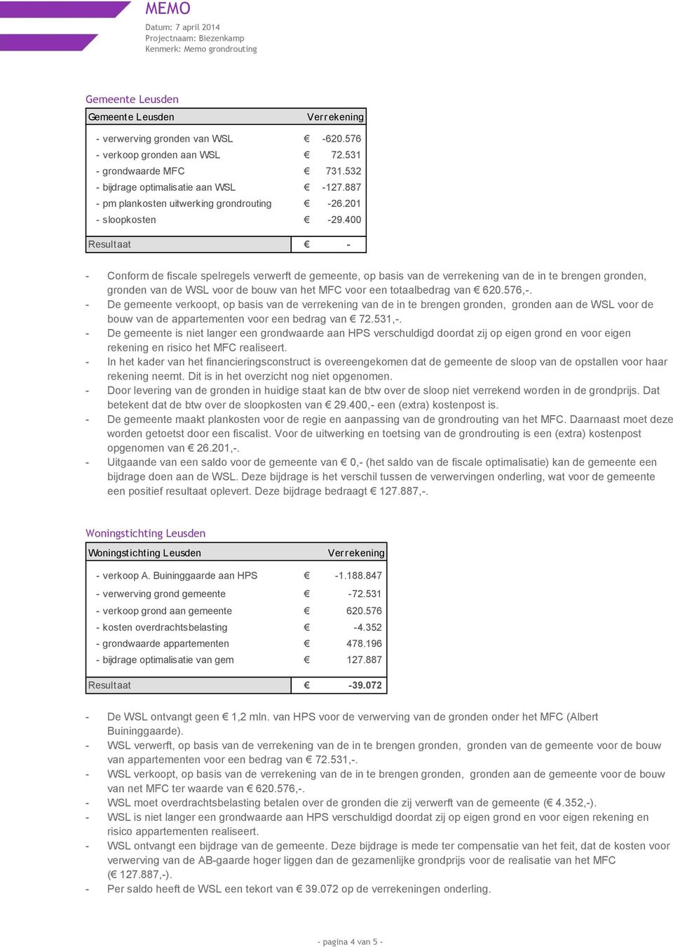 400 Resultaat - - Conform de fiscale spelregels verwerft de gemeente, op basis van de verrekening van de in te brengen gronden, gronden van de WSL voor de bouw van het MFC voor een totaalbedrag van