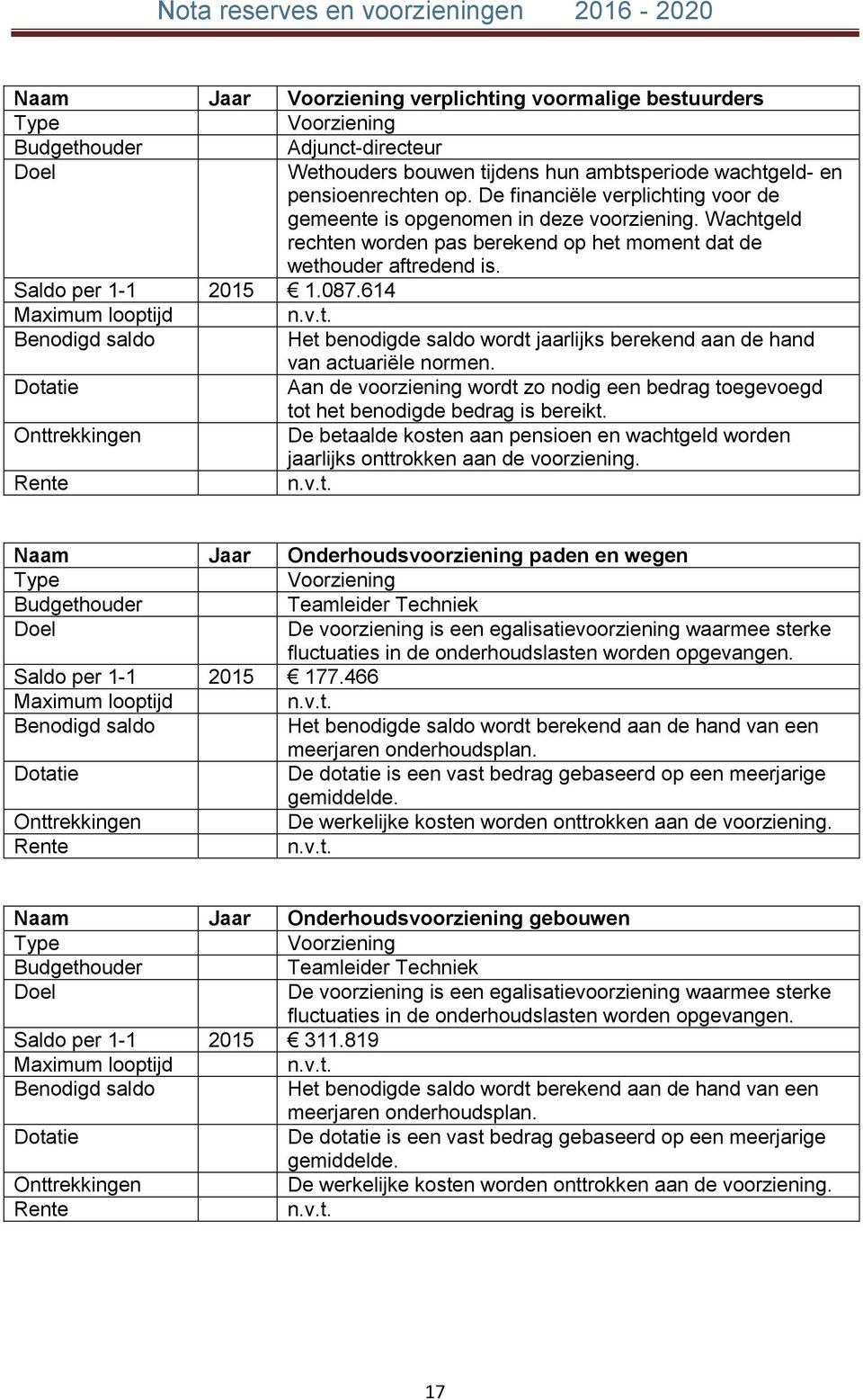 614 Het benodigde saldo wordt jaarlijks berekend aan de hand van actuariële normen. Aan de voorziening wordt zo nodig een bedrag toegevoegd tot het benodigde bedrag is bereikt.