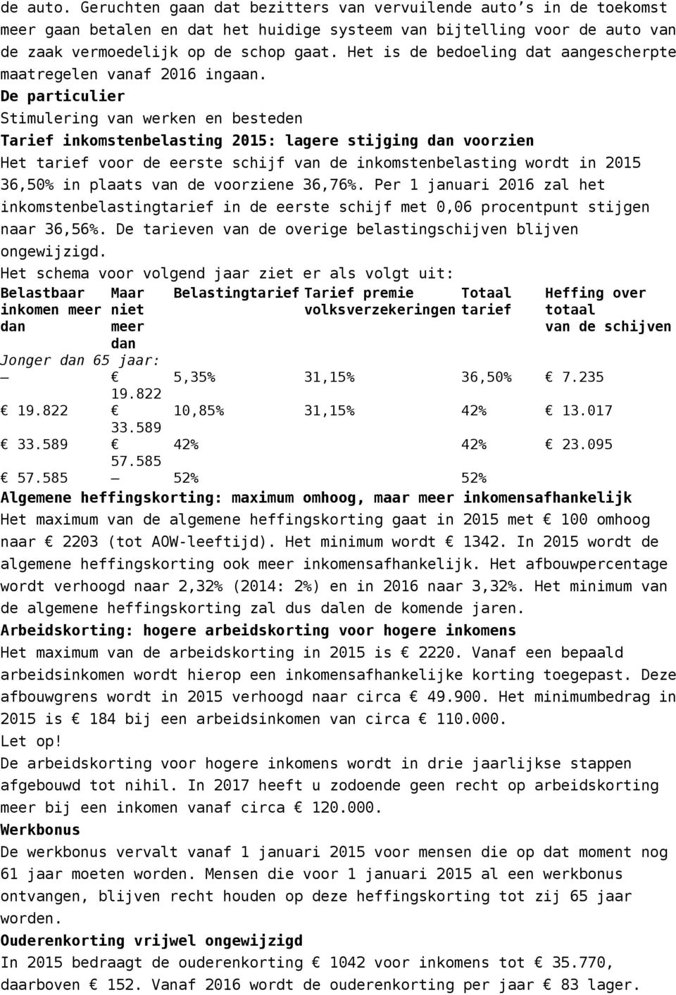 De particulier Stimulering van werken en besteden Tarief inkomstenbelasting 2015: lagere stijging dan voorzien Het tarief voor de eerste schijf van de inkomstenbelasting wordt in 2015 36,50% in