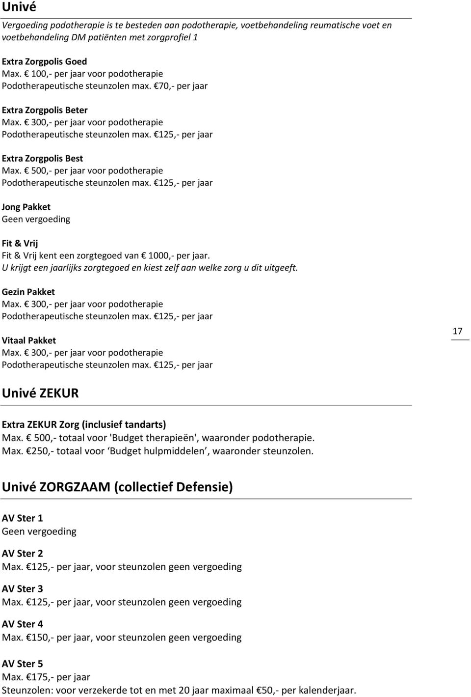 125,- per jaar Extra Zorgpolis Best Max. 500,- per jaar voor podotherapie Podotherapeutische steunzolen max. 125,- per jaar Jong Pakket Fit & Vrij Fit & Vrij kent een zorgtegoed van 1000,- per jaar.