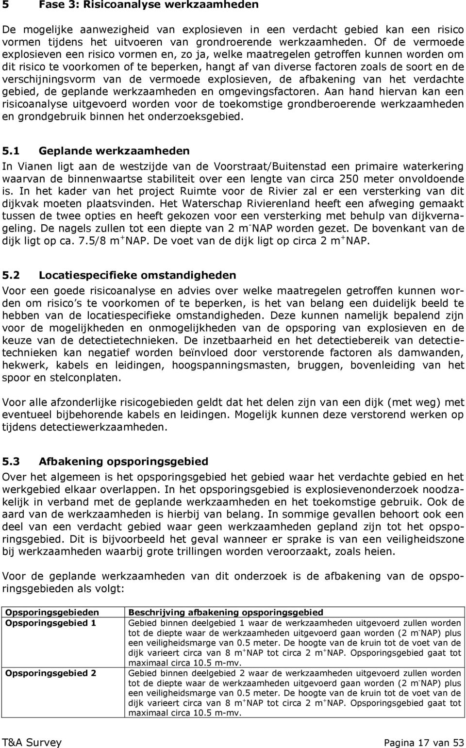 verschijningsvorm van de vermoede eplosieven, de afbakening van het verdachte gebied, de geplande werkzaamheden en omgevingsfactoren.