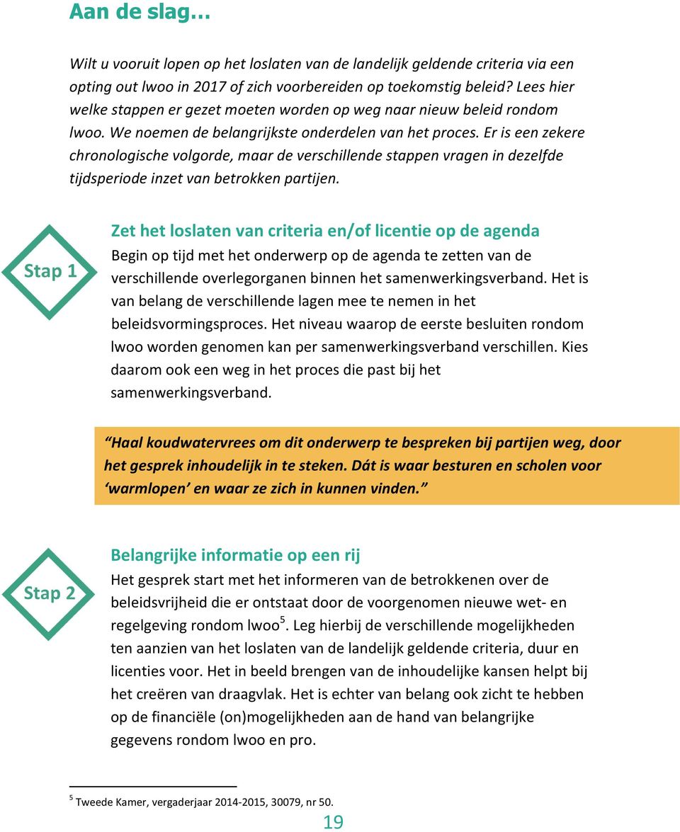 Er is een zekere chronologische volgorde, maar de verschillende stappen vragen in dezelfde tijdsperiode inzet van betrokken partijen.