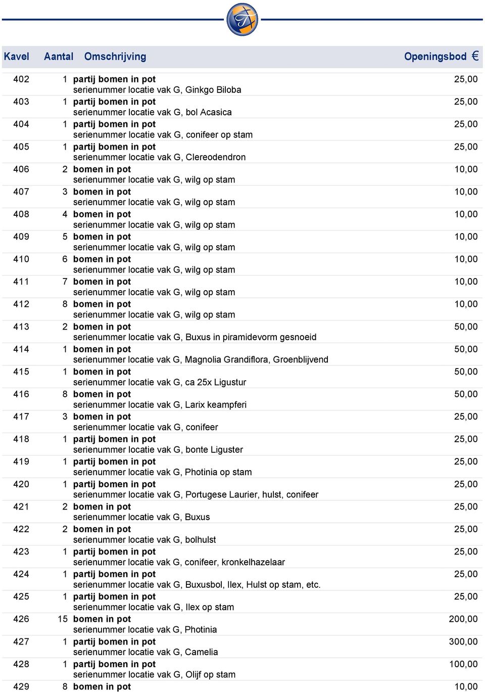 bomen in pot serienummer locatie vak G, wilg op stam 409 5 bomen in pot serienummer locatie vak G, wilg op stam 410 6 bomen in pot serienummer locatie vak G, wilg op stam 411 7 bomen in pot