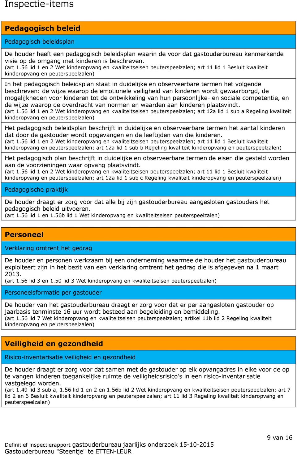 56 lid 1 en 2 Wet kinderopvang en kwaliteitseisen peuterspeelzalen; art 11 lid 1 Besluit kwaliteit kinderopvang en peuterspeelzalen) In het pedagogisch beleidsplan staat in duidelijke en