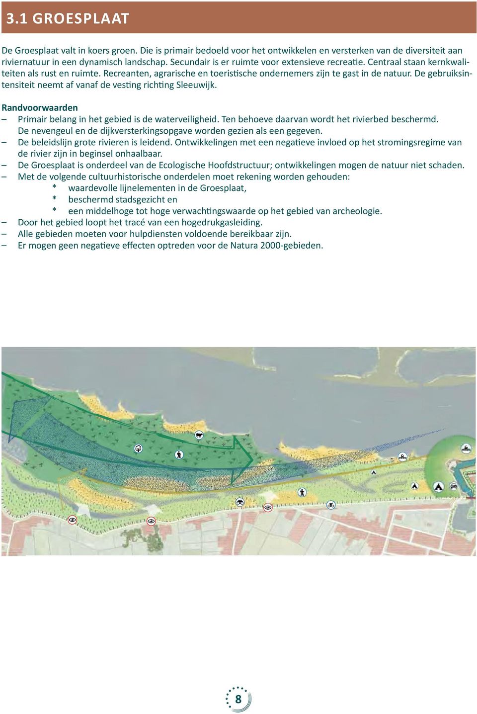 De gebruiksintensiteit neemt af vanaf de vesting richting Sleeuwijk. Randvoorwaarden Primair belang in het gebied is de waterveiligheid. Ten behoeve daarvan wordt het rivierbed beschermd.