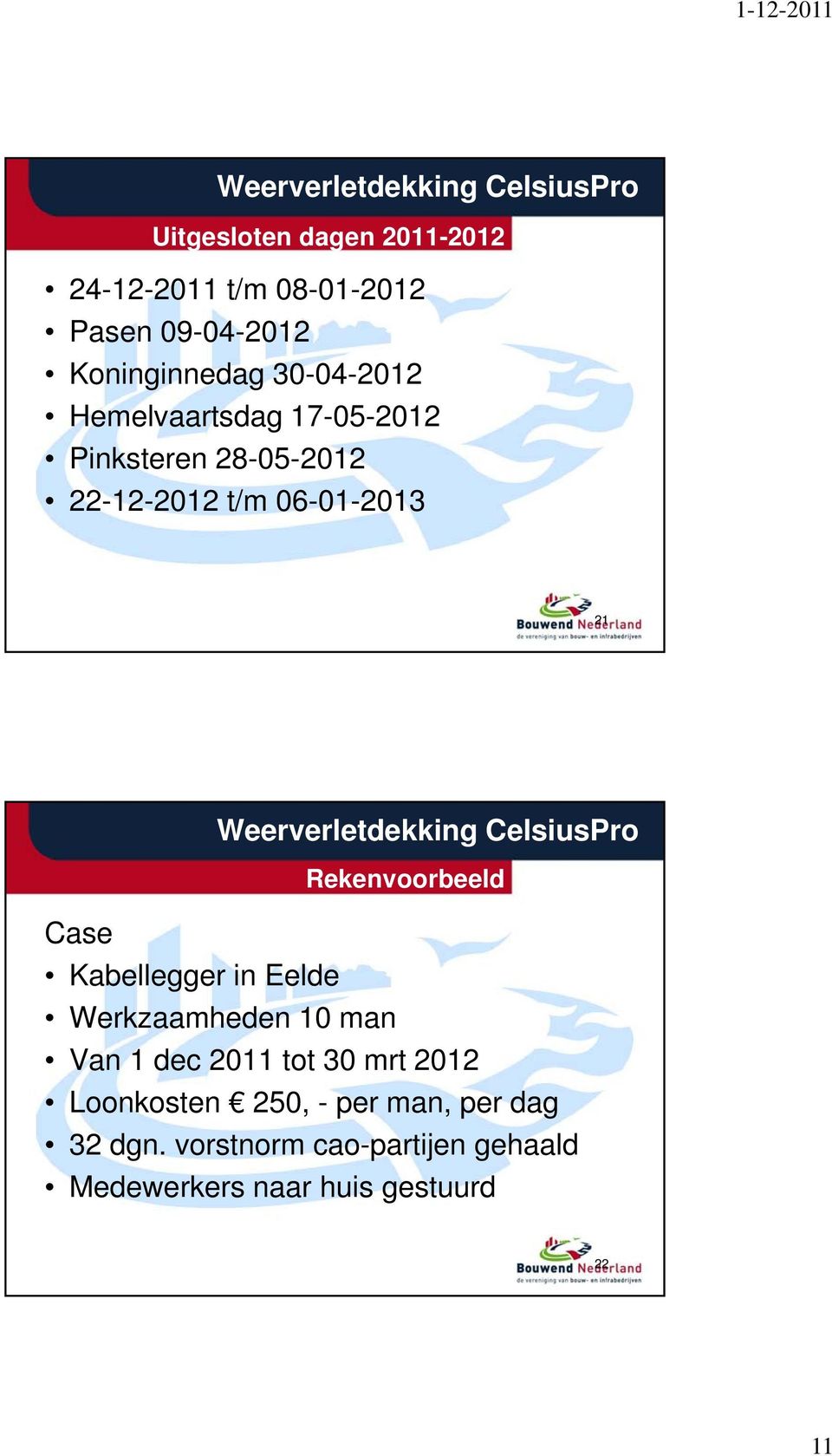 Rekenvoorbeeld Case Kabellegger in Eelde Werkzaamheden 10 man Van 1 dec 2011 tot 30 mrt 2012