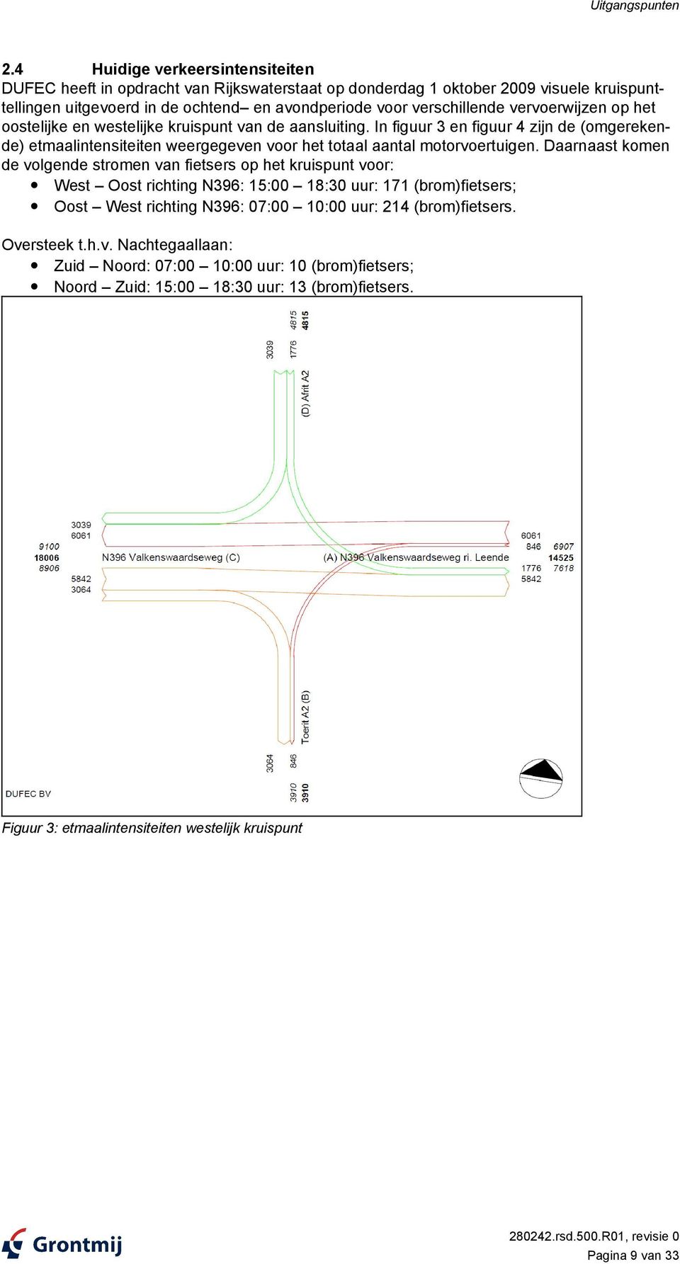 vervoerwijzen op het oostelijke en westelijke kruispunt van de aansluiting. In figuur 3 en figuur 4 zijn de (omgerekende) etmaalintensiteiten weergegeven voor het totaal aantal motorvoertuigen.