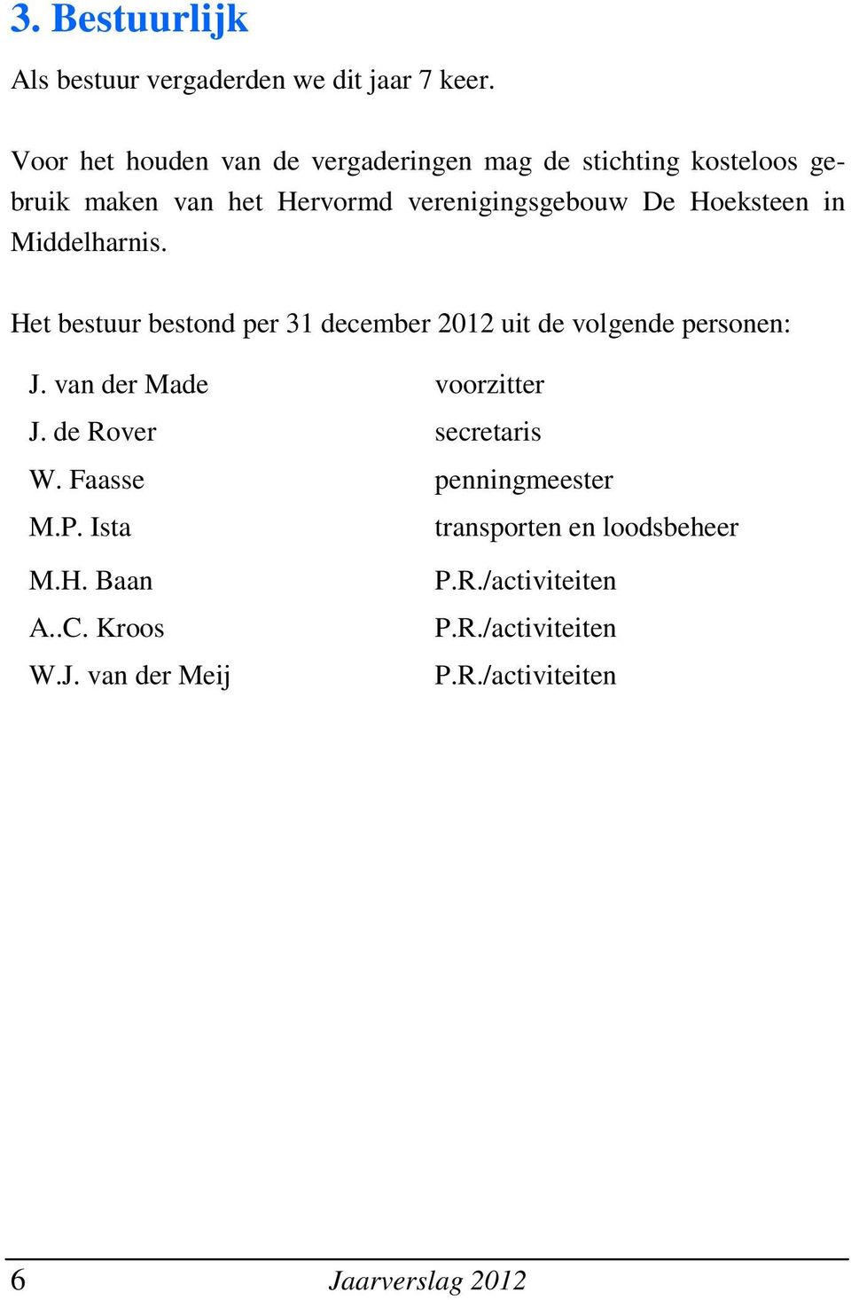 Hoeksteen in Middelharnis. Het bestuur bestond per 31 december 2012 uit de volgende personen: J. van der Made voorzitter J.