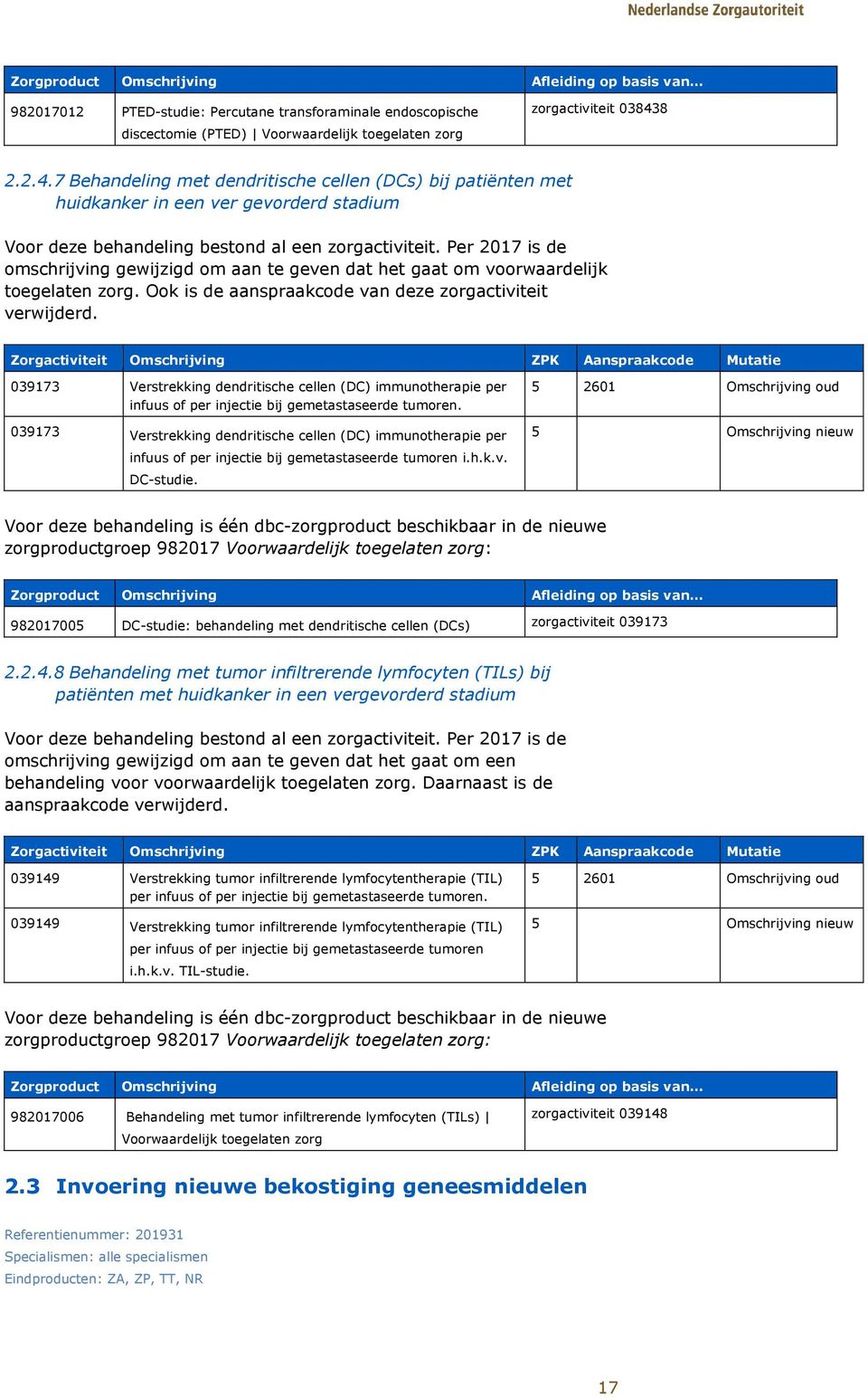 Per 2017 is de omschrijving gewijzigd om aan te geven dat het gaat om voorwaardelijk toegelaten zorg. Ook is de aanspraakcode van deze zorgactiviteit verwijderd.