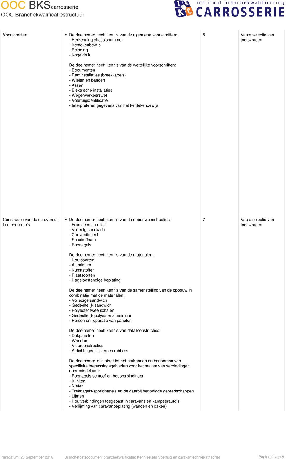 van de caravan en kampeerauto s De deelnemer heeft kennis van de opbouwconstructies: - Frameconstructies - Volledig sandwich - Conventioneel - Schuim/foam - Popnagels De deelnemer heeft kennis van de