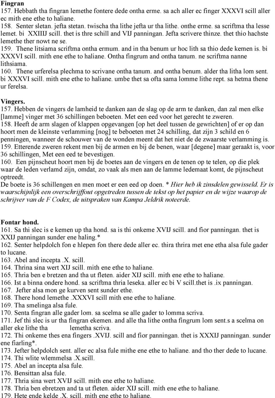 159. Thene litsiama scriftma ontha ermum. and in tha benum ur hoc lith sa thio dede kemen is. bi XXXVI scill. mith ene ethe to haliane. Ontha fingrum and ontha tanum. ne scriftma nanne lithsiama. 160.