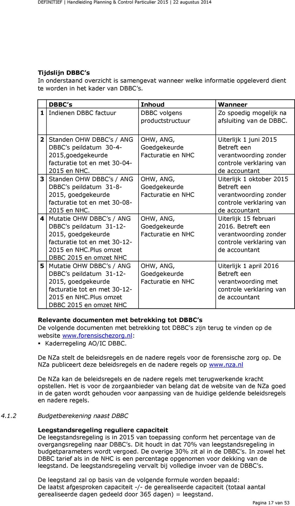 2 Standen OHW DBBC s / ANG DBBC s peildatum 30-4- 2015,goedgekeurde facturatie tot en met 30-04- 2015 en NHC.