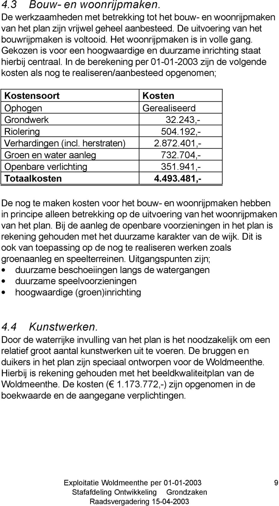 In de berekening per 01-01-2003 zijn de volgende kosten als nog te realiseren/aanbesteed opgenomen; Kostensoort Kosten Ophogen Gerealiseerd Grondwerk 32.243,- Riolering 504.192,- Verhardingen (incl.