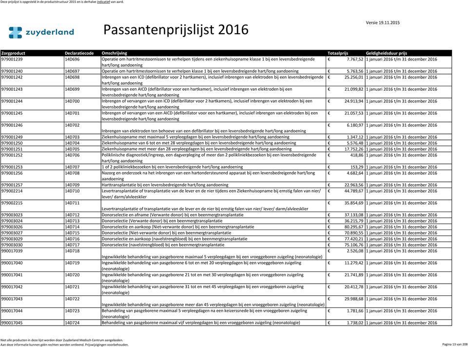 763,56 1 januari 2016 t/m 31 december 2016 979001242 14D698 Inbrengen van een ICD (defibrillator voor 2 hartkamers), inclusief inbrengen van elektroden bij een levensbedreigende 25.