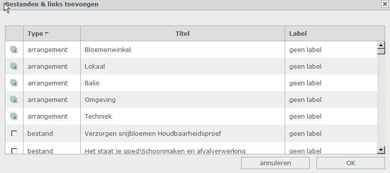 Het invoegen van content uit Bestanden & Links. Sleep de button bestanden & Links naar je werkveld. Je totaallijst komt in beeld.