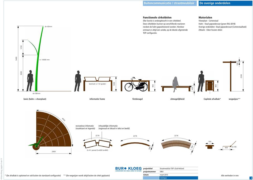 Materialen Vloerplaat - Cortenstaal Halm - Staal gepoedercoat (groen RAL 6018) Overige onderdelen -Staal gepoedercoat (Cortenstaallook) Zitbank - Eiken houten delen 5400 3000 1250 r= 14000 mm 100