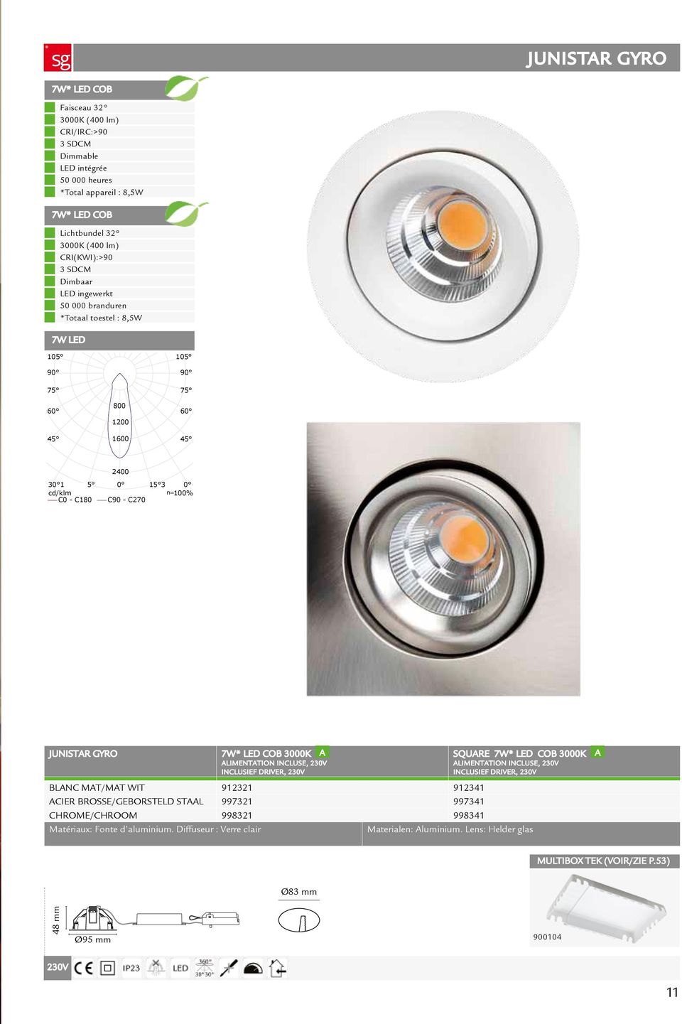 ALIMENTATION INCLUSE, 230V INCLUSIEF DRIVER, 230V SQUARE 7W* LED COB 3000K ALIMENTATION INCLUSE, 230V INCLUSIEF DRIVER, 230V BLANC MAT/MAT WIT 912321 912341 ACIER BROSSE/GEBORSTELD STAAL