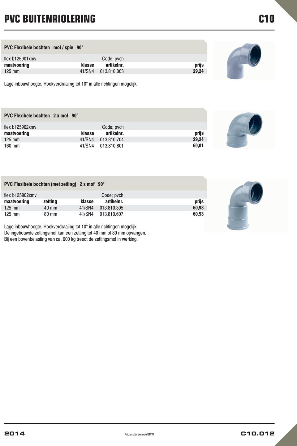 704 160 mm 41/SN4 013.810.801 29,24 60,01 PVC Flexibele bochten (met zetting) 2 x mof 90 flex b125902xmv maatvoering zetting klasse artikelnr.