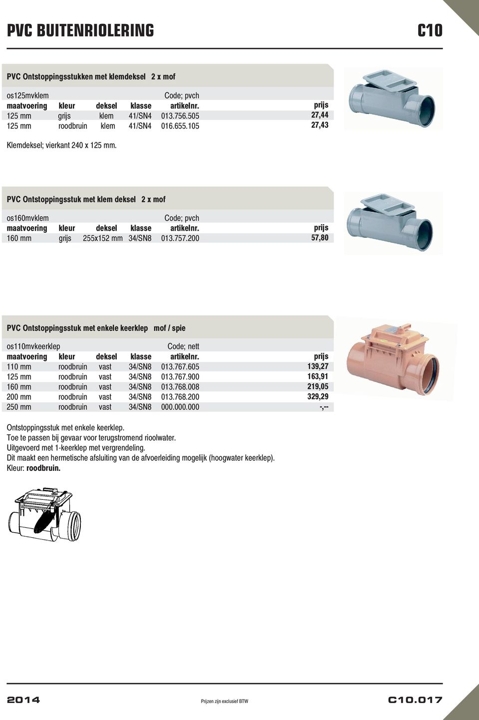 200 57,80 PVC Ontstoppingsstuk met enkele keerklep mof / spie os110mvkeerklep Code; nett maatvoering kleur deksel klasse artikelnr. 110 mm roodbruin vast 34/SN8 013.767.