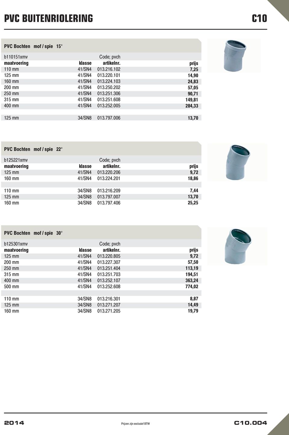 209 125 mm 34/SN8 013.797.007 160 mm 34/SN8 013.797.406 9,72 18,86 7,44 13,70 25,25 PVC Bochten mof / spie 30 b125301xmv 125 mm 41/SN4 013.220.805 200 mm 41/SN4 013.227.307 250 mm 41/SN4 013.251.