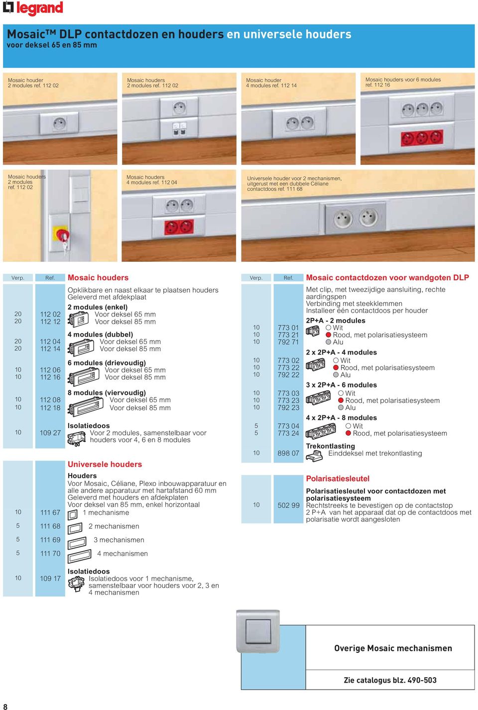 112 04 Universele houder voor 2 mechanismen, uitgerust met een dubbele Céliane contactdoos ref. 111 68 Verp. Ref.