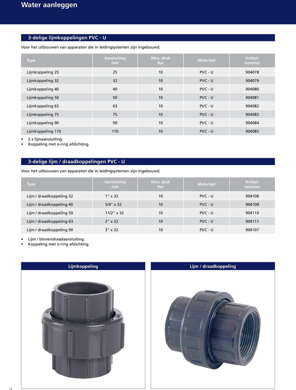 904082 Lijmkoppeling 75 75 10 PVC - U 904083 Lijmkoppeling 90 90 10 PVC - U 904084 Lijmkoppeling 110 110 10 PVC - U 904085 2 x lijmaansluiting. Koppeling met o-ring afdichting.