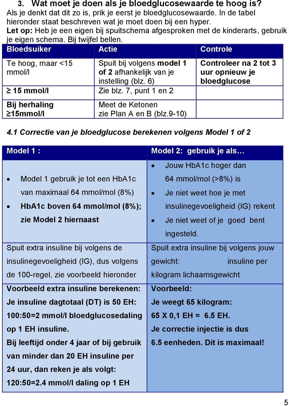 Bloedsuiker Actie Controle Te hoog, maar <15 mmol/l Spuit bij volgens model 1 of 2 afhankelijk van je instelling (blz. 6) 15 mmol/l Zie blz.