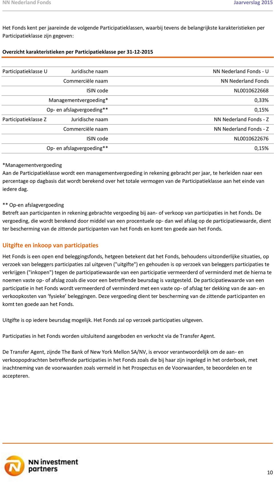 Participatieklasse Z Juridische naam NN Nederland Fonds - Z Commerciële naam NN Nederland Fonds - Z ISIN code NL0010622676 Op- en afslagvergoeding** 0,15% *Managementvergoeding Aan de