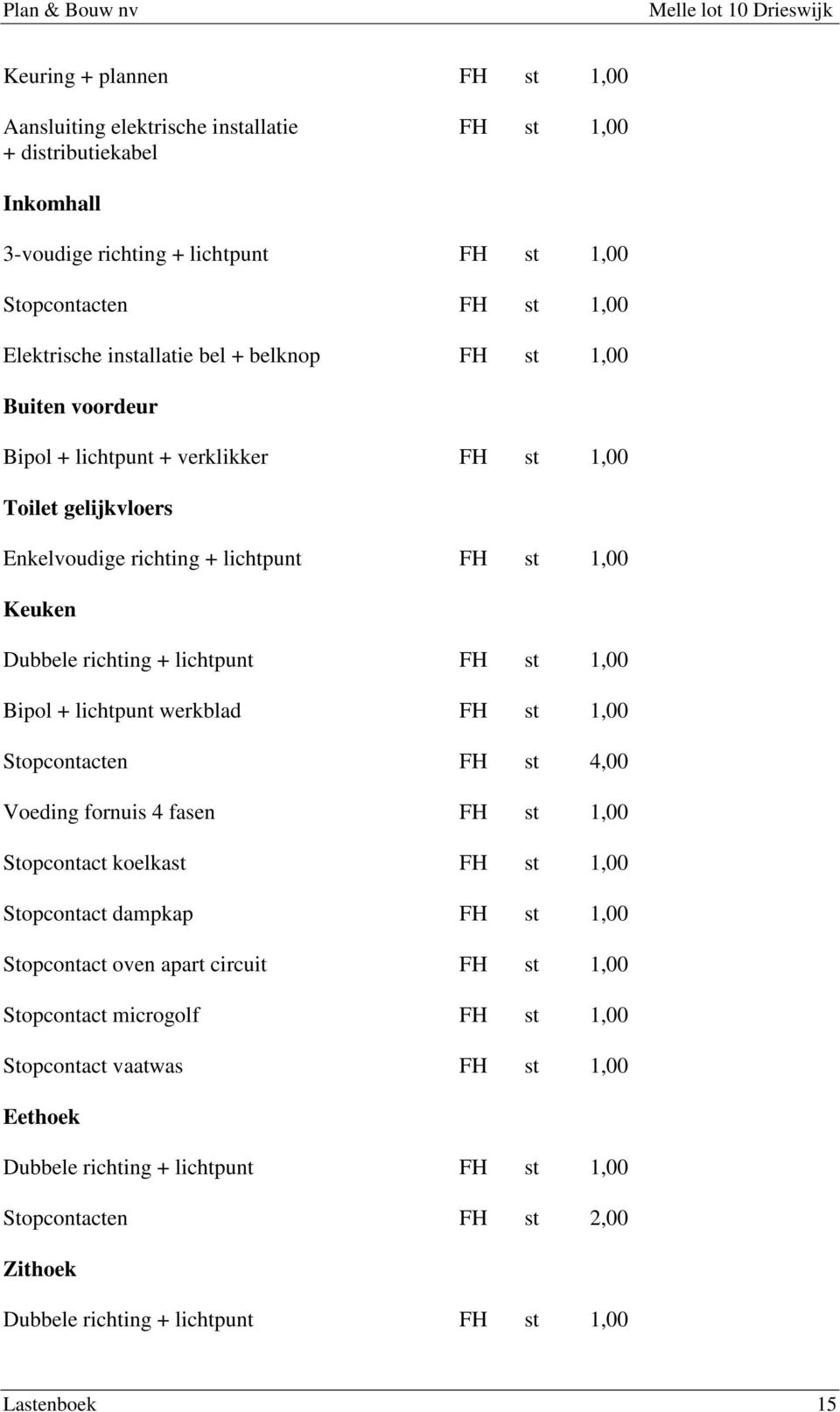 lichtpunt wrkblad FH st 1,00 Stopcontactn FH st 4,00 Voding fornuis 4 fasn FH st 1,00 Stopcontact kolkast FH st 1,00 Stopcontact dampkap FH st 1,00 Stopcontact ovn apart circuit FH st