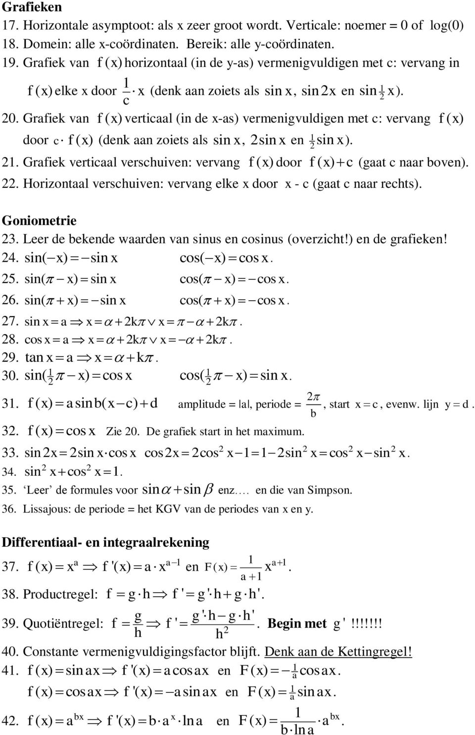 f() door f () c (t c nr oven) Horizontl verschuiven: vervn elke door - c (t c nr rechts) Goniometrie 3 Leer de ekende wrden vn sinus en cosinus (overzicht!) en de rfieken!