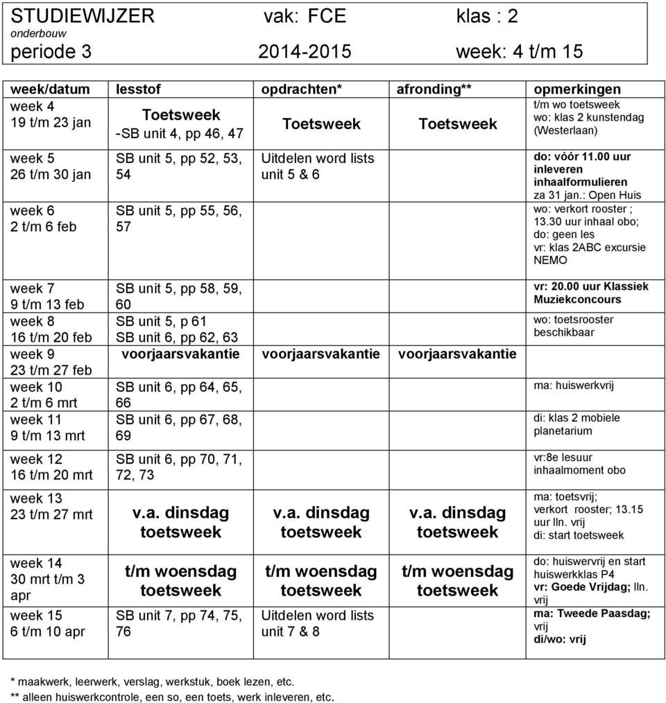 30 uur inhaal obo; do: geen les vr: klas 2ABC excursie NEMO week 7 9 t/m 13 feb week 8 week 10 2 t/m 6 mrt week 11 9 t/m 13 mrt week 12 16 t/m 20 mrt SB unit 5, pp 58, 59, 60 SB unit 5, p 61 SB unit