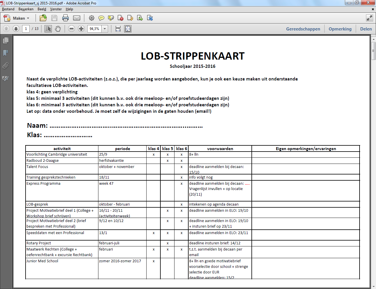 LOB-Strippenkaart Alle activiteiten op een rijtje in 1 document Verplichte