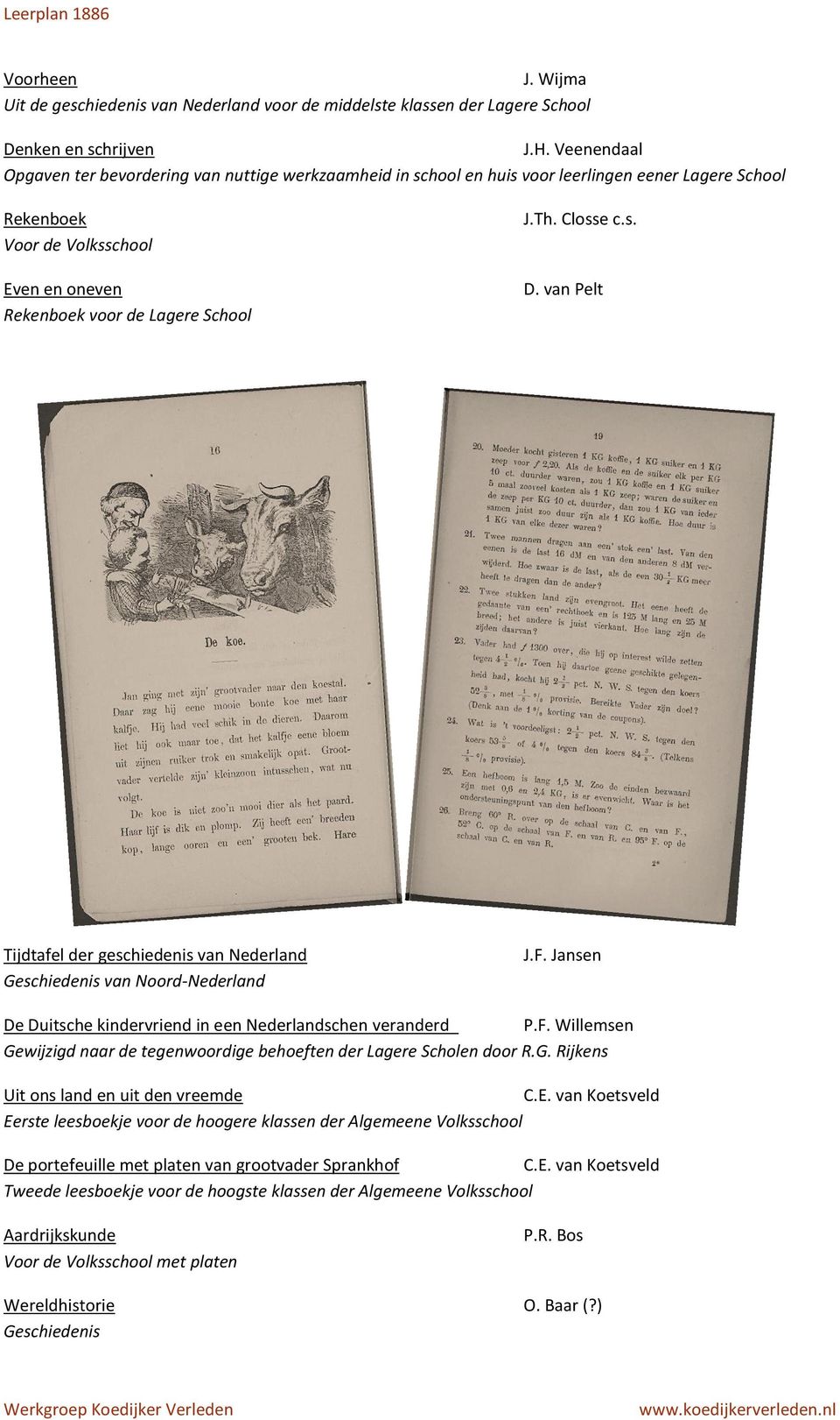 Closse c.s. D. van Pelt Tijdtafel der geschiedenis van Nederland Geschiedenis van Noord-Nederland J.F. Jansen De Duitsche kindervriend in een Nederlandschen veranderd P.F. Willemsen Gewijzigd naar de tegenwoordige behoeften der Lagere Scholen door R.