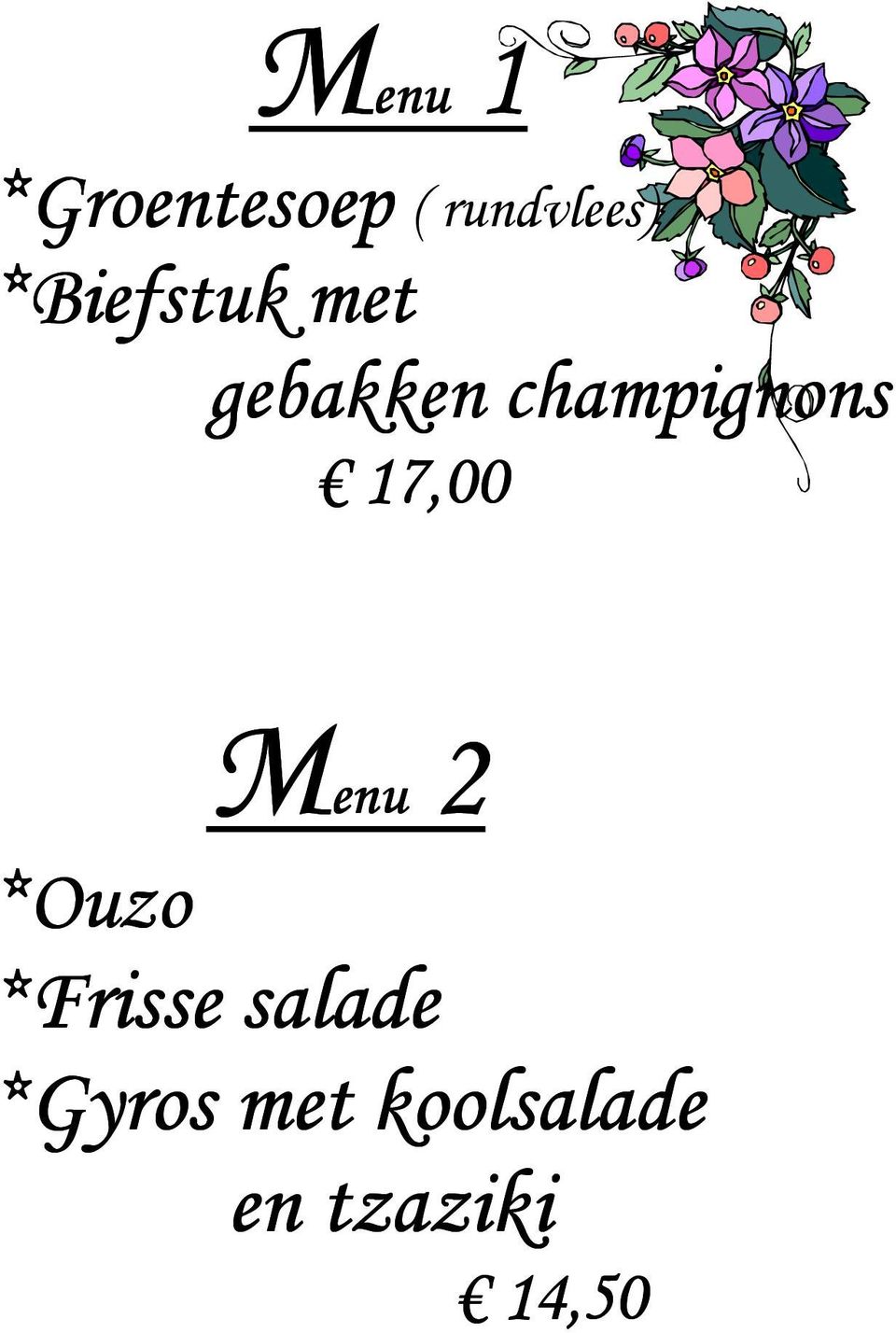 17,00 *Ouzo 2 Menu *Frisse salade