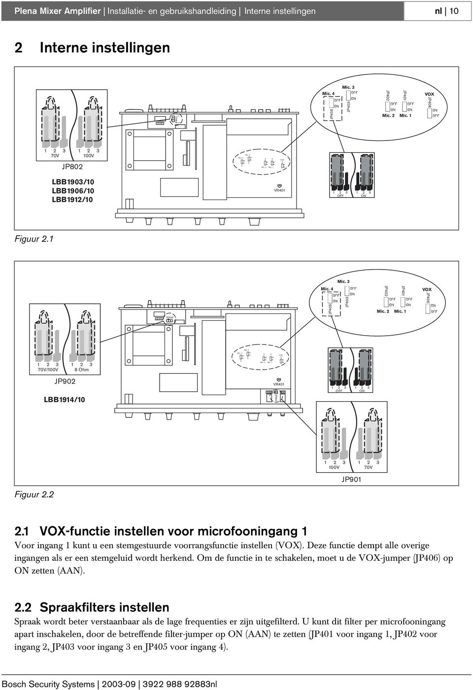 2 Mic. 1 JP92 BB1914/1 V41 JP91 3 3 OFF ON 3 3 1V 7V JP91 Figuur 2.2 2.1 VOX-functie instellen voor microfooningang 1 Voor ingang 1 kunt u een stemgestuurde voorrangsfunctie instellen (VOX).