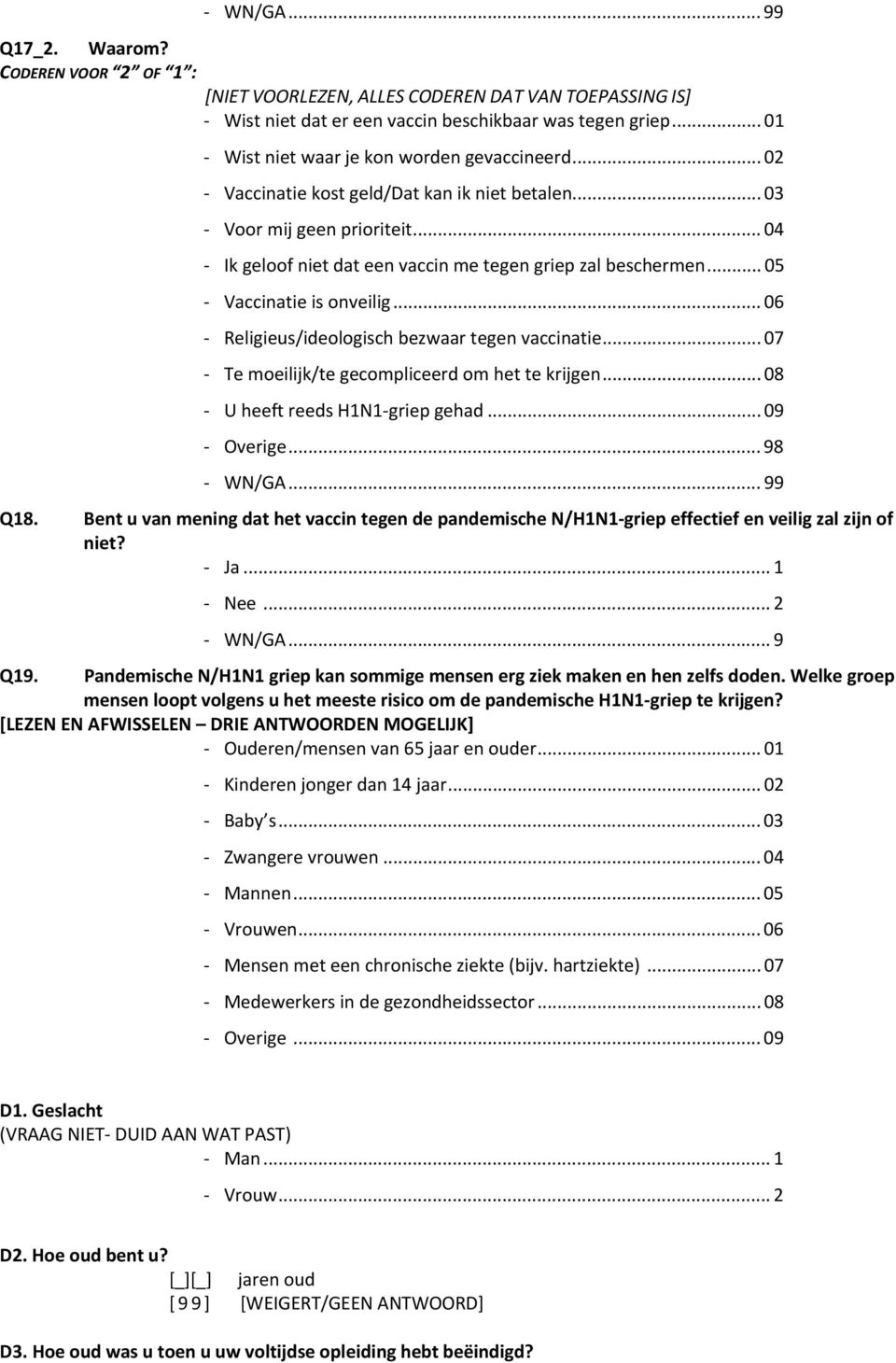 .. 05 Vaccinatie is onveilig... 06 Religieus/ideologisch bezwaar tegen vaccinatie... 07 Te moeilijk/te gecompliceerd om het te krijgen... 08 U heeft reeds H1N1 griep gehad... 09 Overige... 98 WN/GA.