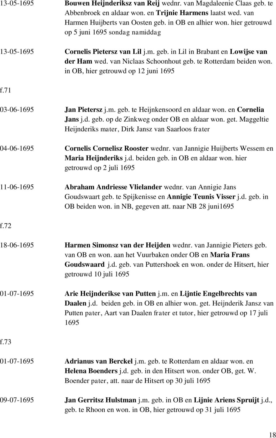 in OB, hier getrouwd op 12 juni 1695 f.71 03-06-1695 Jan Pietersz j.m. geb. te Heijnkensoord en aldaar won. en Cornelia Jans j.d. geb. op de Zinkweg onder OB en aldaar won. get. Maggeltie Heijnderiks mater, Dirk Jansz van Saarloos frater 04-06-1695 Cornelis Cornelisz Rooster wednr.