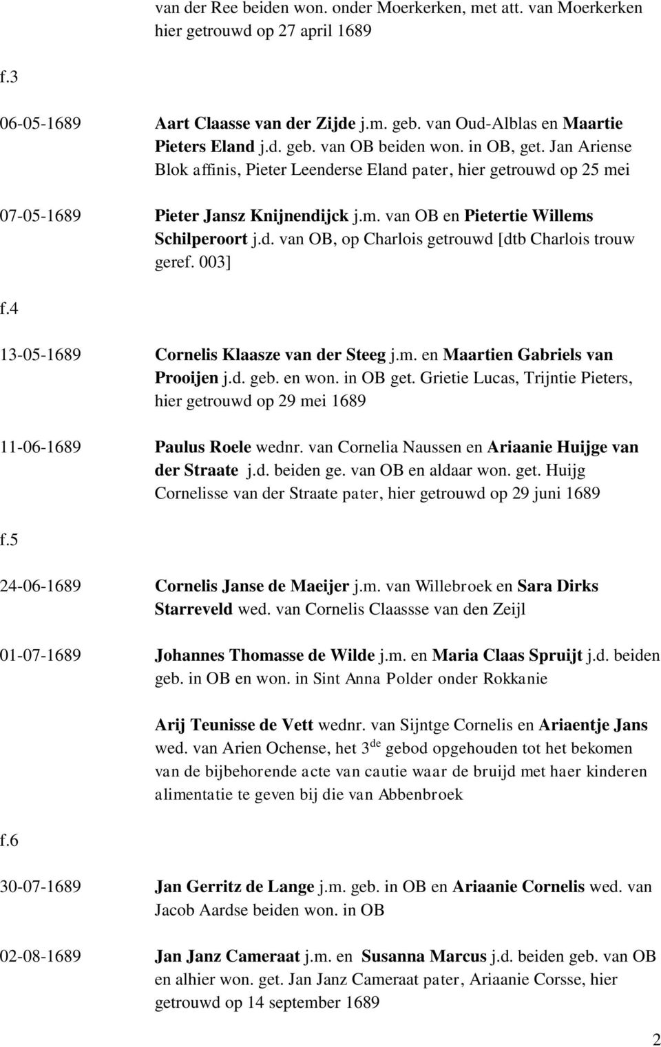 003] f.4 13-05-1689 Cornelis Klaasze van der Steeg j.m. en Maartien Gabriels van Prooijen j.d. geb. en won. in OB get.