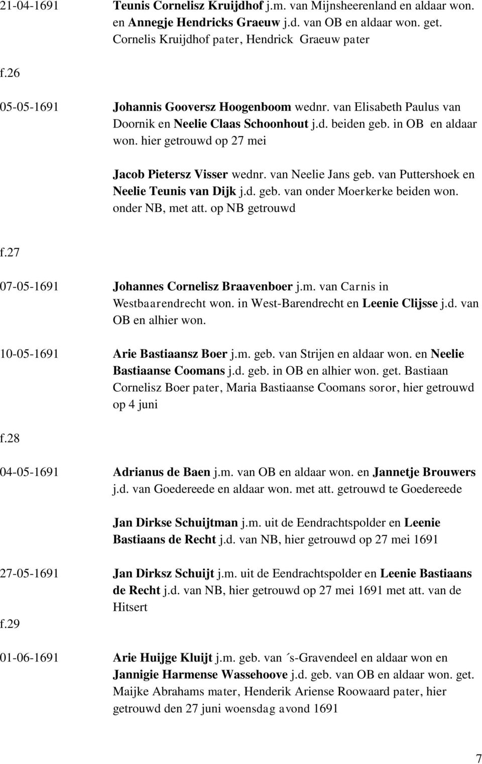 van Neelie Jans geb. van Puttershoek en Neelie Teunis van Dijk j.d. geb. van onder Moerkerke beiden won. onder NB, met att. op NB getrouwd f.27 07-05-1691 Johannes Cornelisz Braavenboer j.m. van Carnis in Westbaarendrecht won.