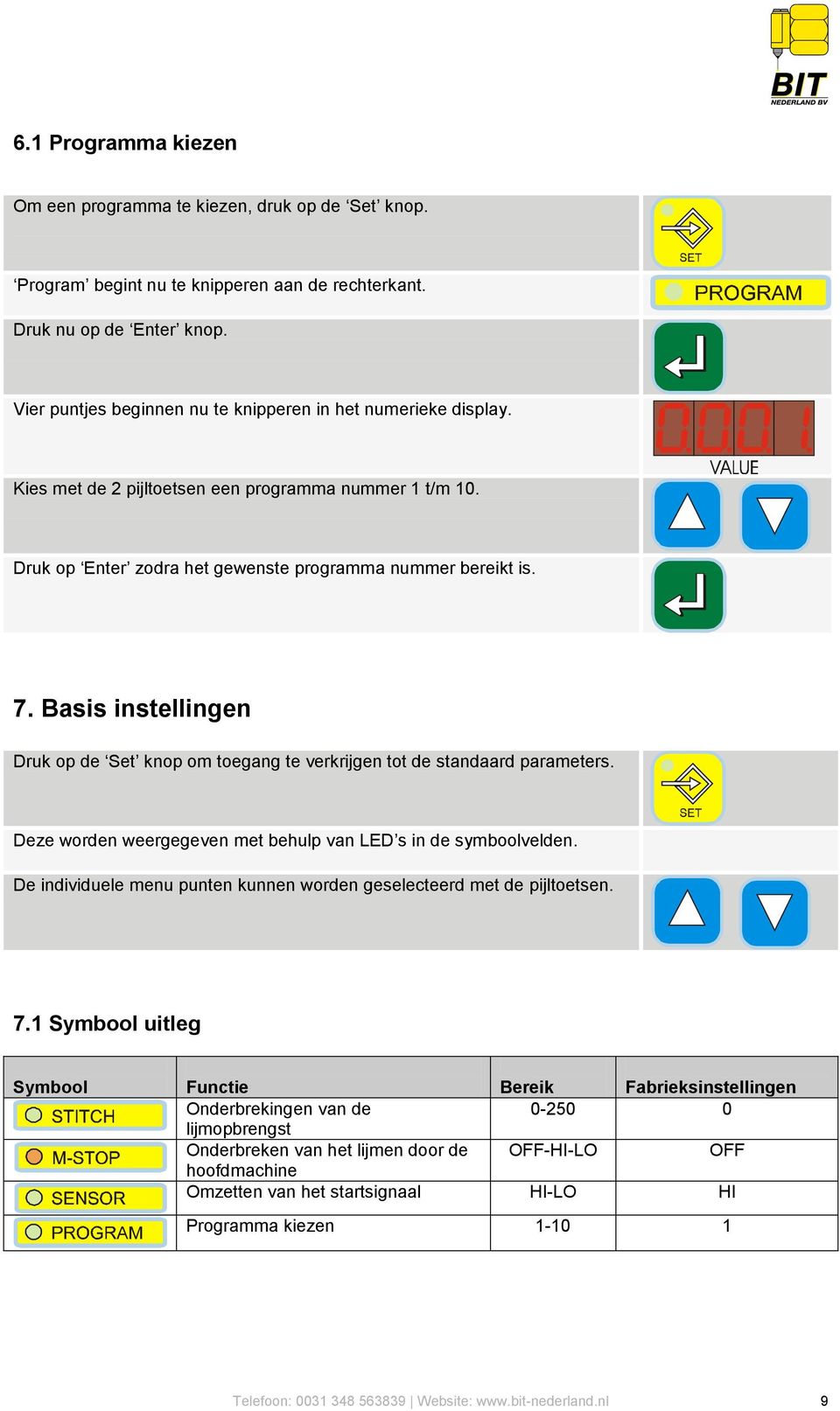 Basis instellingen Druk op de Set knop om toegang te verkrijgen tot de standaard parameters. Deze worden weergegeven met behulp van LED s in de symboolvelden.