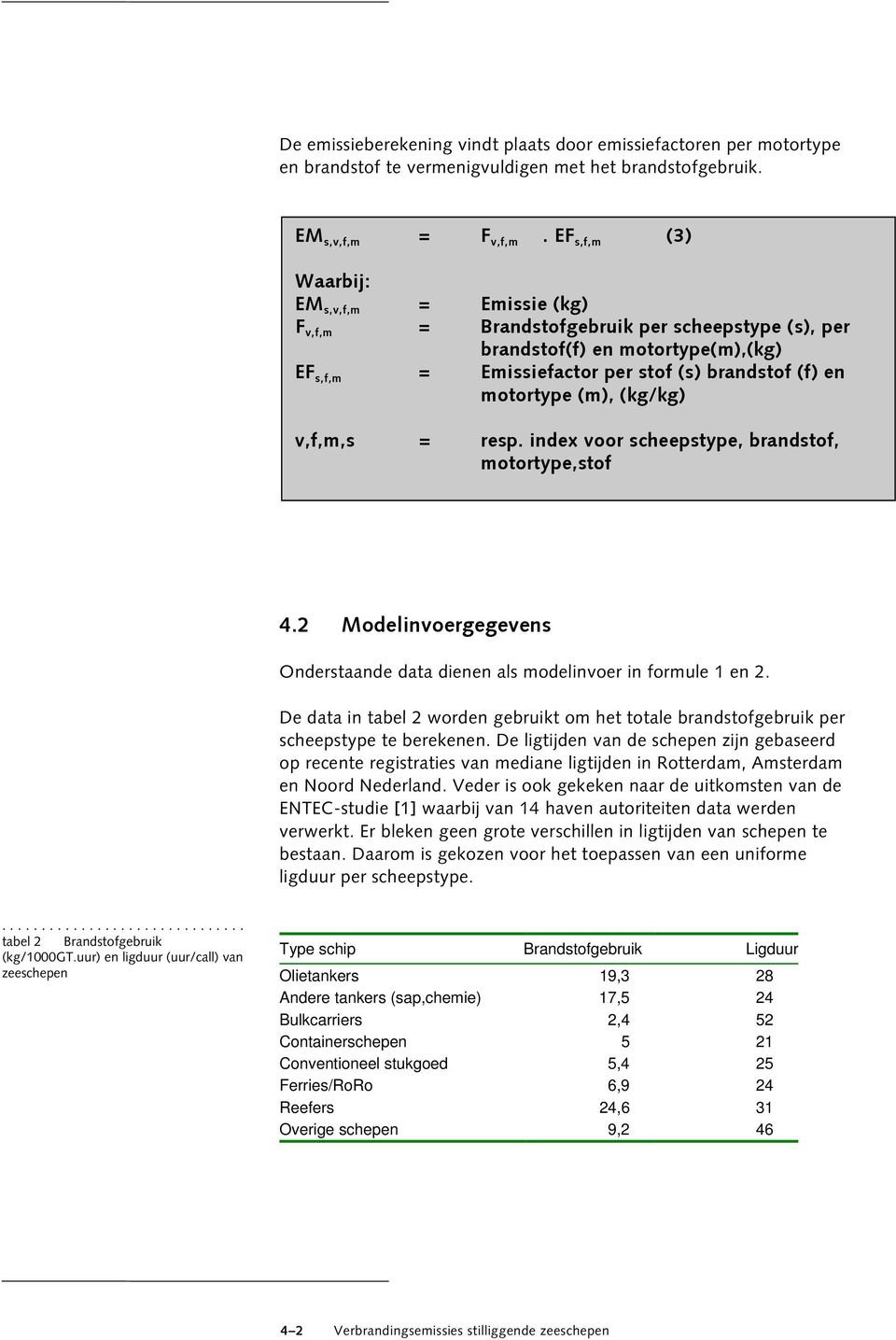 (m), (kg/kg) v,f,m,s = resp. index voor scheepstype, brandstof, motortype,stof 4.2 Modelinvoergegevens Onderstaande data dienen als modelinvoer in formule 1 en 2.