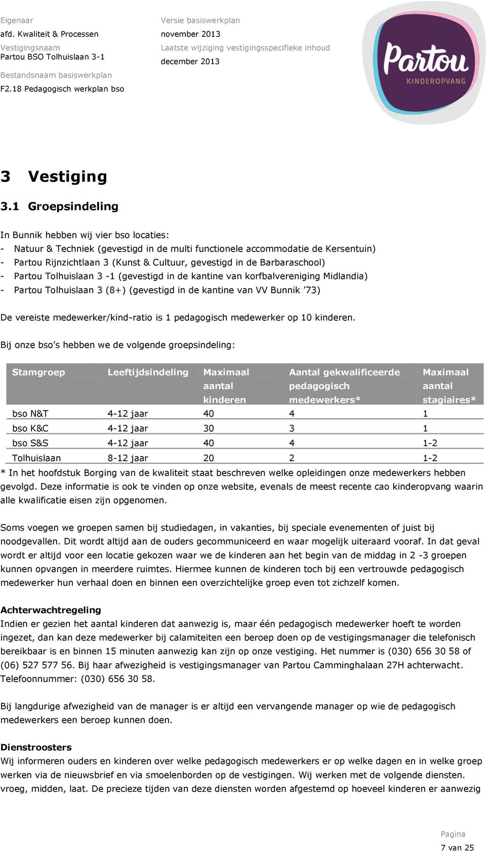 Barbaraschool) - Partou Tolhuislaan 3-1 (gevestigd in de kantine van korfbalvereniging Midlandia) - Partou Tolhuislaan 3 (8+) (gevestigd in de kantine van VV Bunnik 73) De vereiste